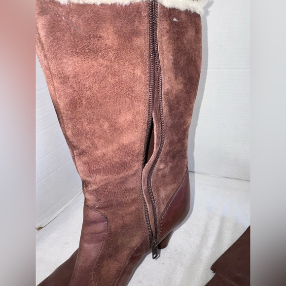 UGG Womens Raya Brown Leather And Suede Tall Heeled Boots Sheepskin Trim Size 9 - Picture 12 of 16